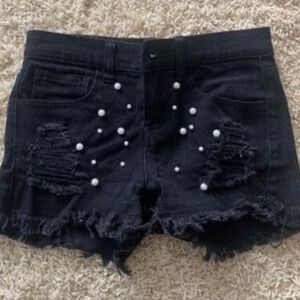 Pinc black distressed denim shorts with pearl accents  Size 10